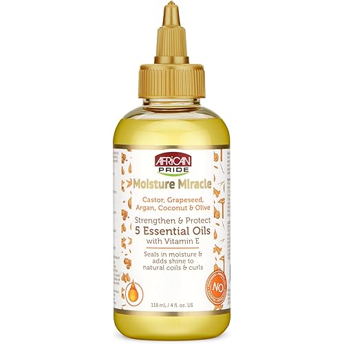 African Pride Moisture Miracle 5 Essential Hair Oils with Vitamin E | Moisture, Shine, Protection, and Growth | Argan, Castor, Grapeseed, Coconut, and Olive Oil | 4 oz