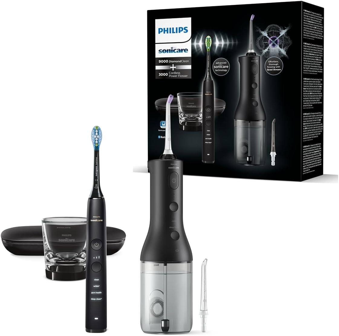 Philips Sonicare Jet dentaire sans fil Power Flosser 3000 et brosse à dents électrique DiamondClean 9000 - Nettoie les dents et les gencives et élimine la plaque dentaire, noir (modèle HX3886/43)