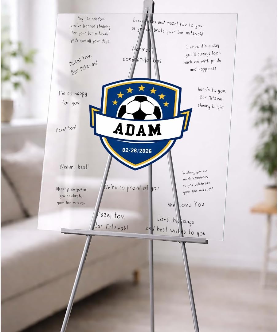 Bar or Bat Mitzvah Birthday Sweet 16 Quinceañera Guest Sign in Board, Custom Signature Book Alternative, Personalized Keepsake, Soccer Ball Sports Theme Party Decor, Soccer Fan, Player. Premium Acrylic, Made in CT, USA.