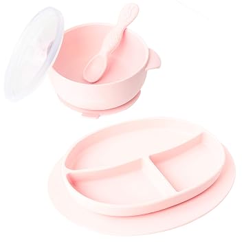Ullabelle Toddler Plates & Bowls Complete Set w/Spoon - BPA Free 100% Food Grade Silicone - Microwave & Dishwasher Safe Baby Suction Plate, Bowl w/Lid, Spoon - Pink