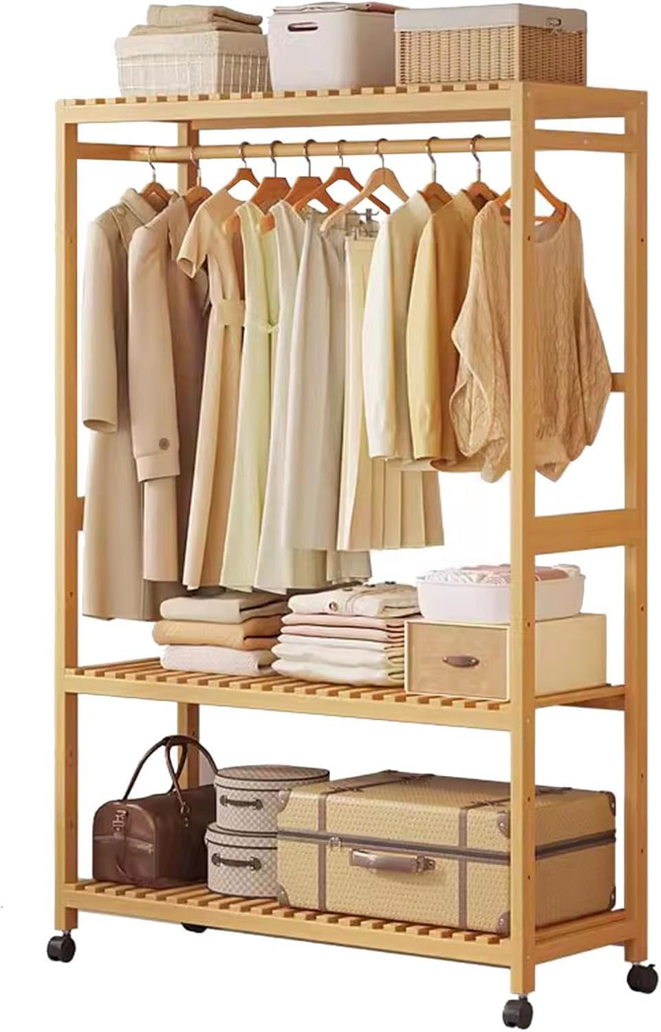 FGXHHS Bamboo Clothes Rack with Rail, Free-Standing Coat Castors, Multifunctional Open Wardrobe for Bedroom, Hallway or Living Room (98X34X160CM)