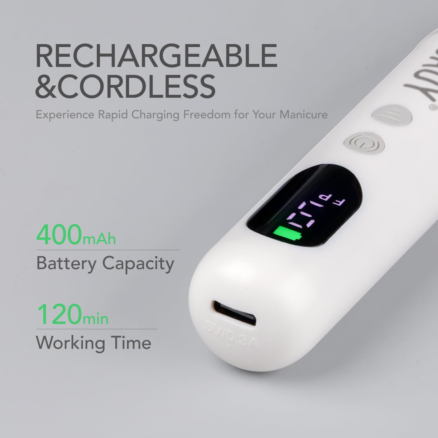 GAOY Cordless Nail Drill, Rechargeable Electric Nail File with LED Display, Lightweight Low Noise Manicure & Pedicure Tool for Gel Removal, Acrylic Nails & DIY Home Use, White