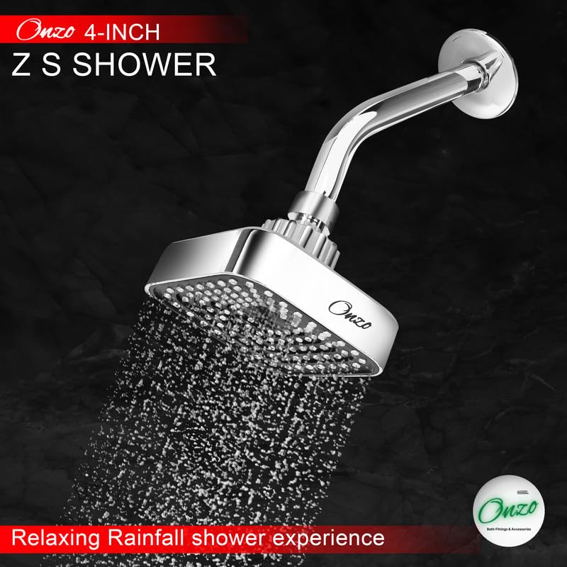 Image of Onzo ZS 4-Inch ABS Overhead Rain Shower Head with 9-Inch Stainless Steel Arm & Flange | 360 Adjustable Swivel Ball Joint | Chrome Finish | Durable & Rust-Proof High-Pressure Bathroom Shower