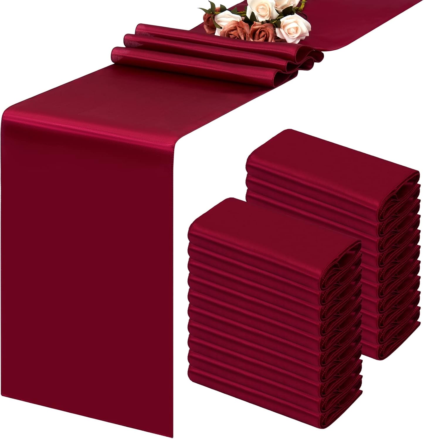 20 Packs Burgundy Satin Table Runners 12 x 108 inch Long Smooth Fabric Table Runner