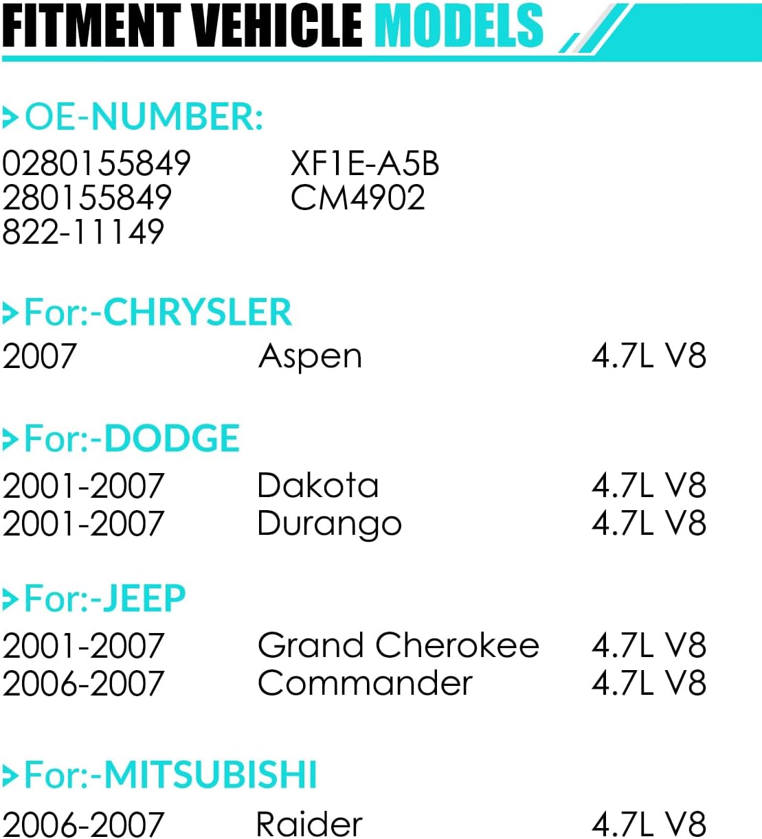 0280155849 Fuel Injectors For:-Jeep Grand Cherokee Commander For:-Dodge Dakota Durango For:-Chrysler Aspen For:-Mitsubishi Raider 2001-2007 4.7L V8 (8PCS) Replace OE# 280155849, 822-11149