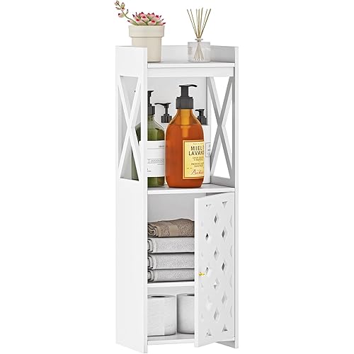 BYFU Bathroom Storage Cabinet, White Bathroom Floor Cabinet Freestanding Organizer with Door and Open Shelf for Kitchen Living Room Narrow Space