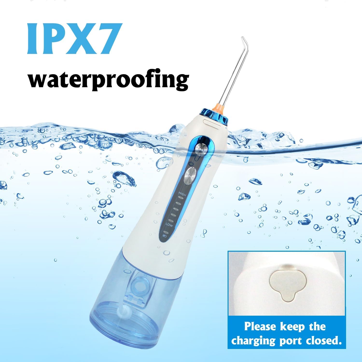 Irrigatore orale senza fili, 300 ml, risciacquo da viaggio, 5 modalità e 5 ugelli, irrigatore orale elettrico, IPX7, impermeabile, ricarica USB (blu/bianco)