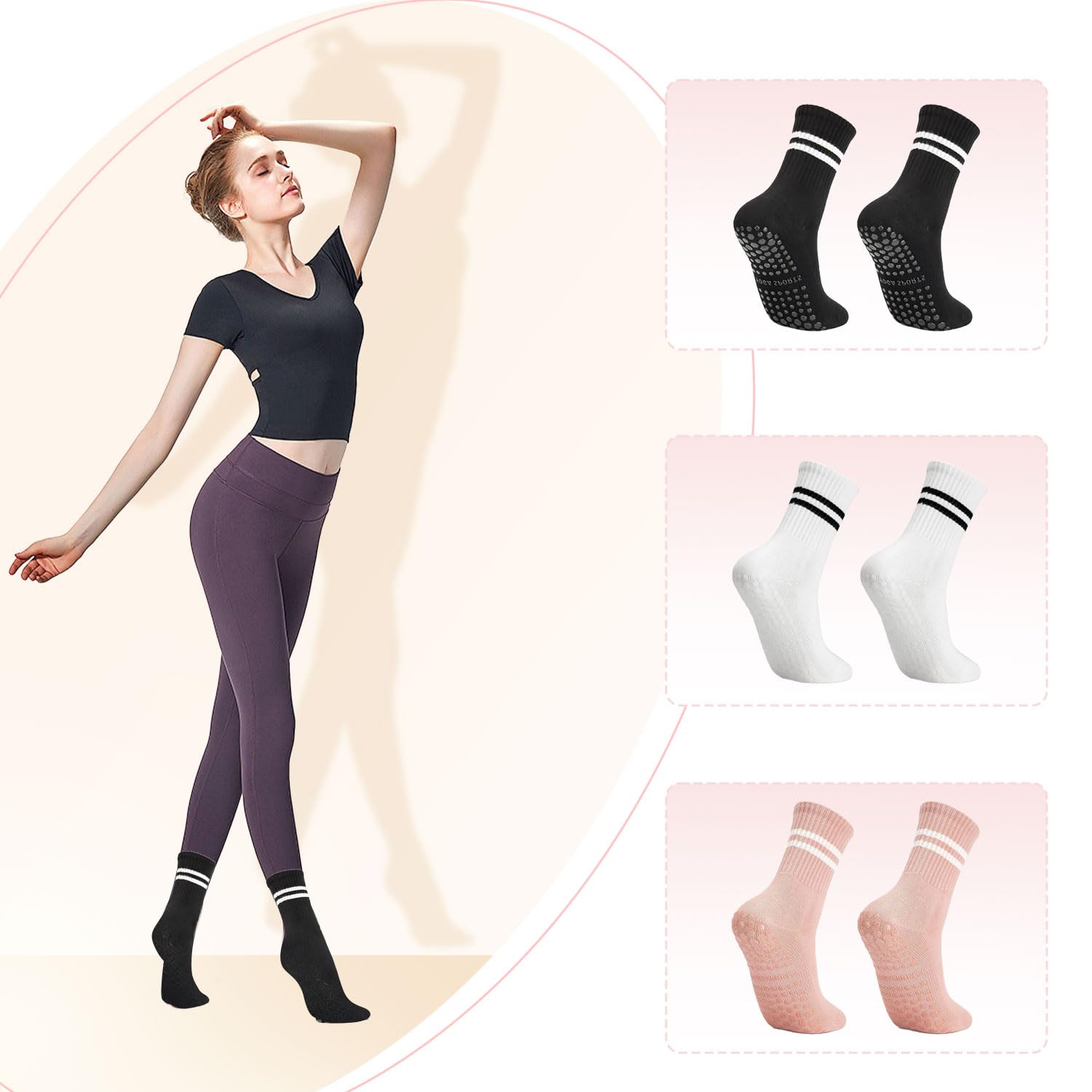 BendJoy® 3Pairs Yoga Socks for Women Anti Skid, Breathable Cotton Socks, Long Pilates Socks for Gym, Yoga, Football, Dance
