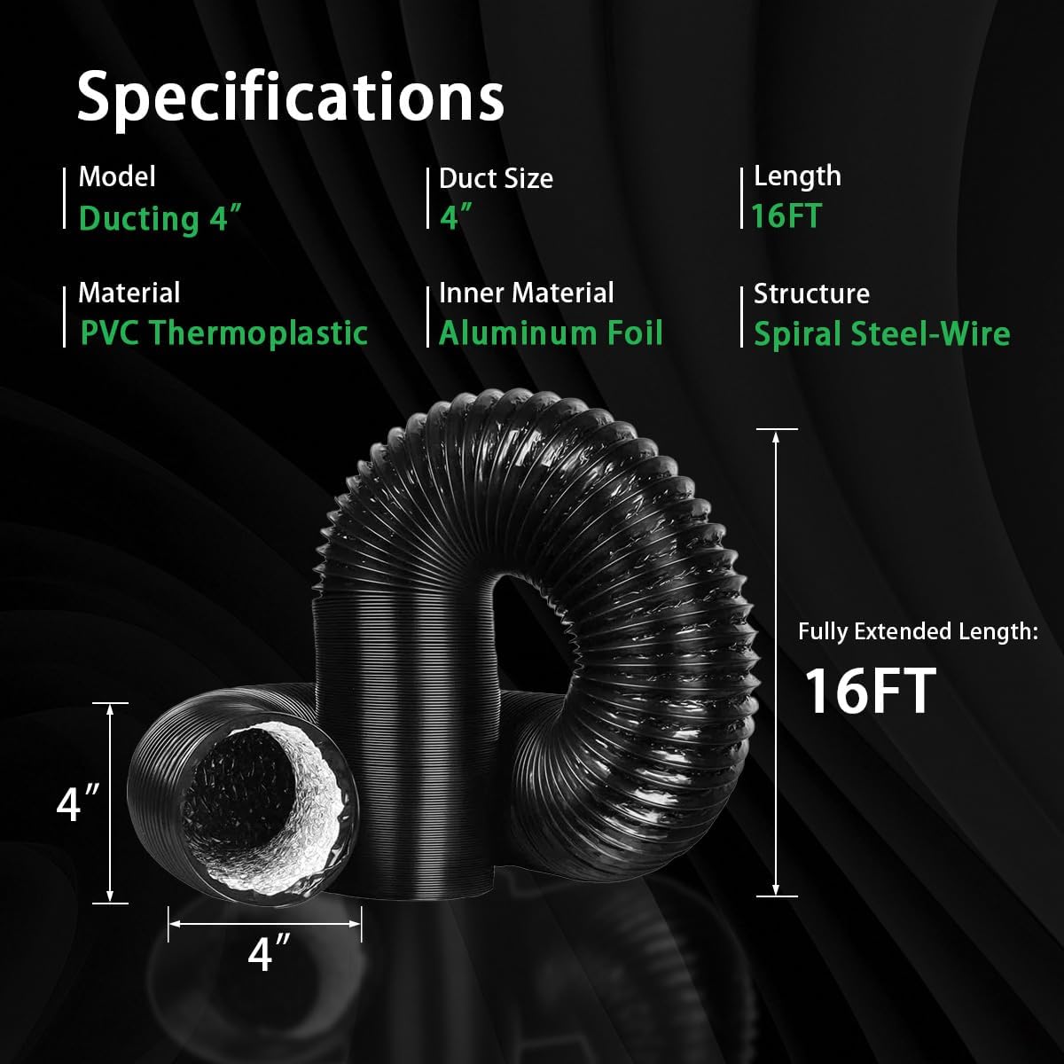 SunStream 4 Inch 16 FT Dryer Vent Hose Flexible Aluminum Ducting Dryer Vent Exhaust Duct Hose for HVAC Ventilation Include 2 Clamps