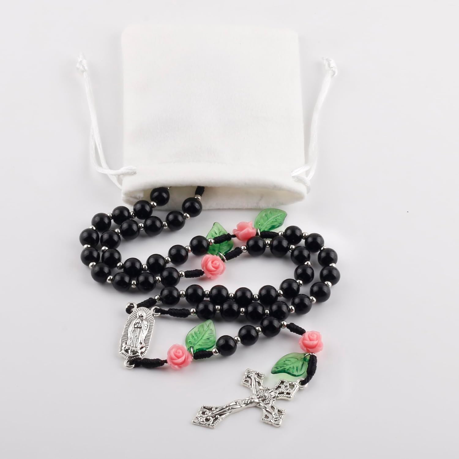 8mm Black Natural Stone Beads Catholic Rosary Necklace and Coral Rose Glory Beads with Flannel Bag for Women - Image 5