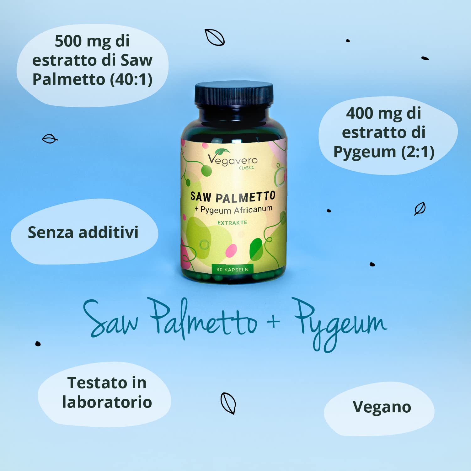 SAW PALMETTO 10.000 mg | con Pygeum Africanum | Serenoa Repens ad Alto Dosaggio | con Acidi Grassi e Steroli | Salute della Prostata e Capelli | 90 capsule | Vegan | Vegavero®