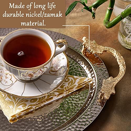 Crystalia Oval Serving Tray with Handles, Large Decorative Round Service Plate for Coffee Tea Drink Breakfast Dinner Table, Antique & Vintage Turkish Ottoman Style Luxury Metal Serving Tray (Silver)