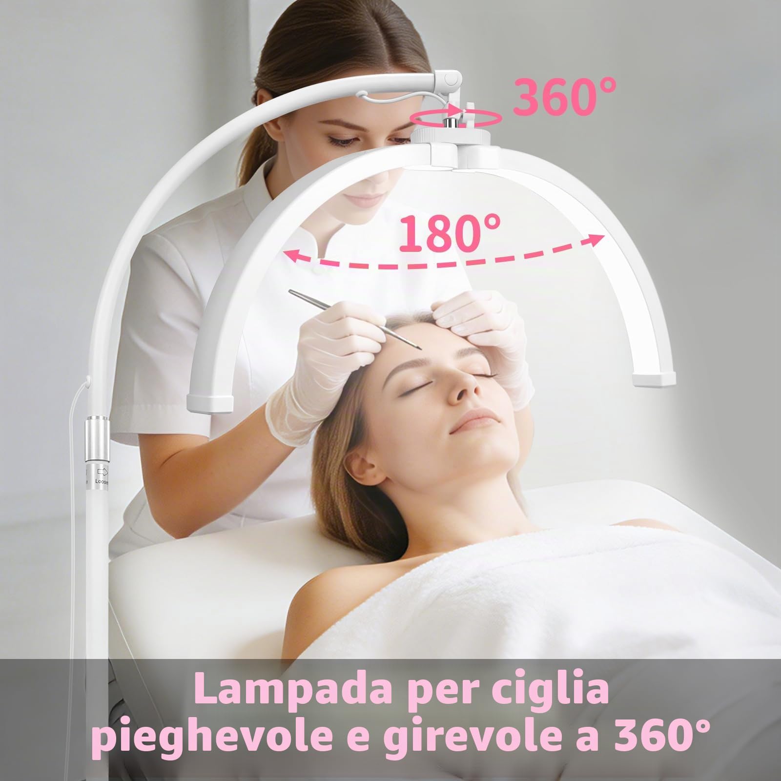 CGBE Lampada per Extension Ciglia Professionale Dimmerabile LED Mezza Luna | Lampada Lashmaker con Porta Cellulare - Testa Rotabile a 360° - Altezza Regolabili Lampada da Terra per Estetista - Bianco