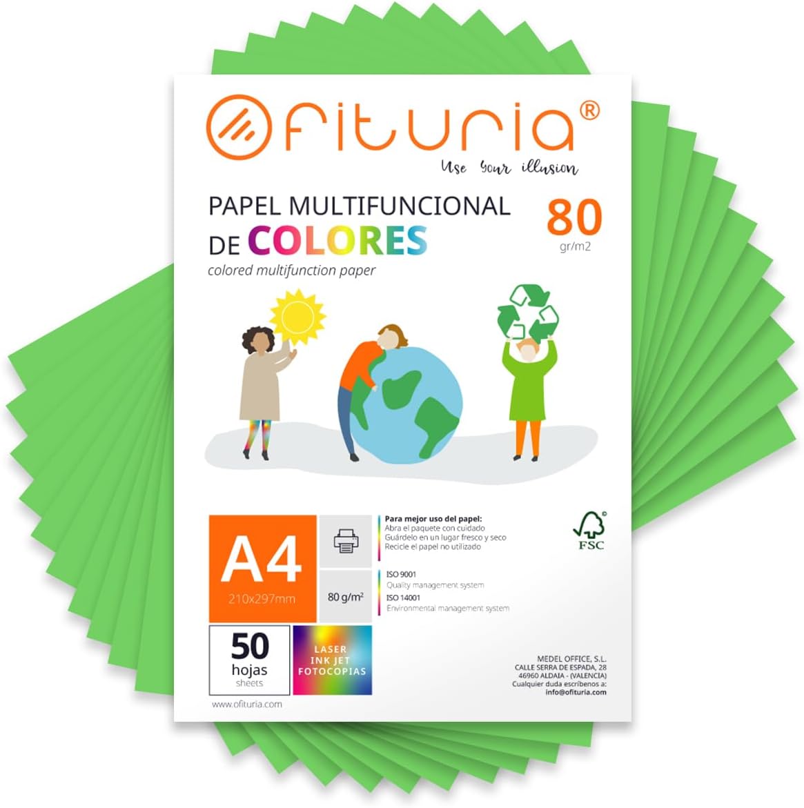 Coloured Sheets, Pack 50 Sheets A4 80 g – Coloured Paper for Crafts, Printer, Scrapbooking – Folios Colours – Ideal Origami, Papiroflexia, Office and School (Green, 50h)