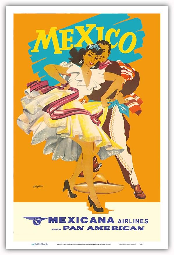 Mexico - Mexican Dancers - Mexicana Airlines (CMA) - Affiliate of Pan American - Vintage Airline Travel Poster by Wright c.1950s - Master Art Print (Unframed) 12in x 18in