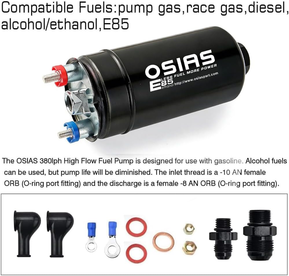 OSIAS External Inline Fuel Pump EFI 380LH 1000HP High Flow 12V With AN10 Inlet / AN6 Outlet + 60 mm Bracket Clamp Black Fit 044 Fuel Pump