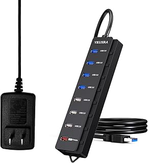 USB Hub, VKUSRA 8-Port Powered USB Hub with 4ft Long Cable & Individual On/Off Switches (4 USB 3.0 Ports + 3 USB 2.0 Ports + 1 Charging Port), Data USB Splitter with Power Adapter for Laptop, PC, Mac