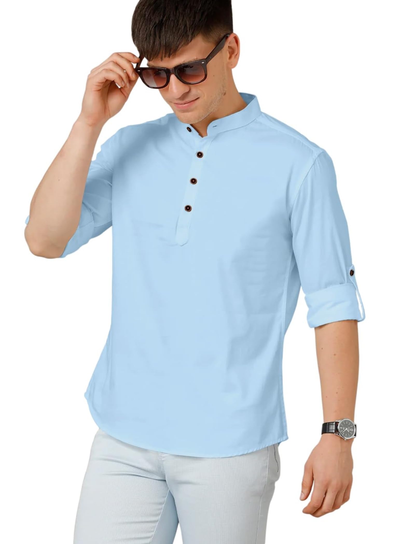 Men’s Solid Kurta Shirt Full Sleeve Mandarin Collar Casual Cotton Blend Kurta for Men Stylish Short Kurta Regular Fit Ethnic Wear Party Kurta Top for Men-picture-18