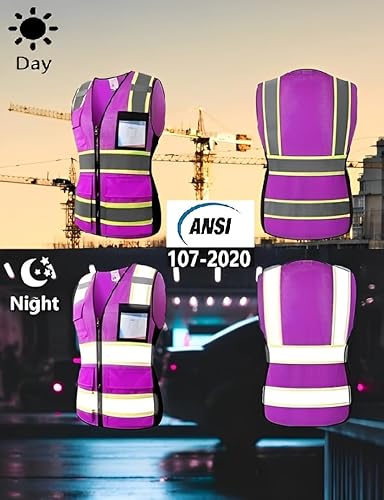 Vista 47 de Chaleco de seguridad para mujer, chaleco de alta visibilidad con 8 bolsillos y cremallera frontal, chaleco reflectante de malla que cumple