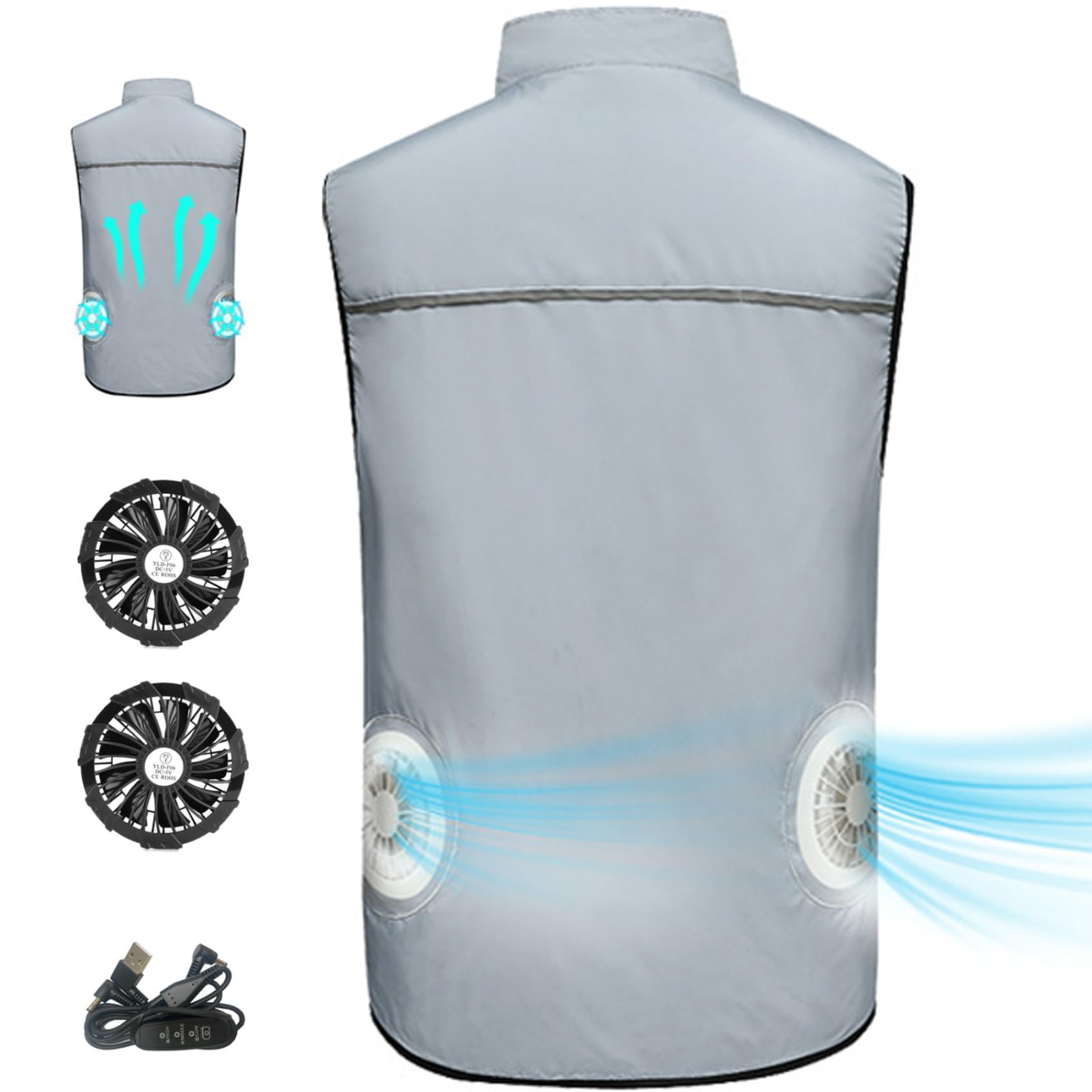 Gilet rinfrescante con 2 ventole USB, 3 velocità, giacca con condizionata, giacca con ventola traspirante, protezione solare, gilet rinfrescante con cerniera e tasche per edilizia, pesca, sp