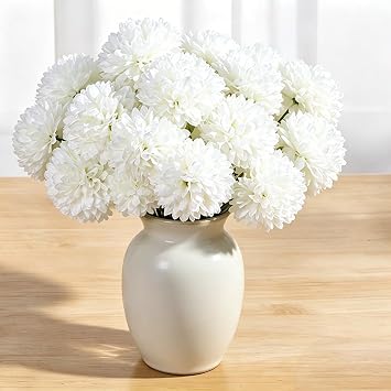 Tinsow 12PCS Artificial Ball Chrysanthemum Faux Flowers Bouquet White