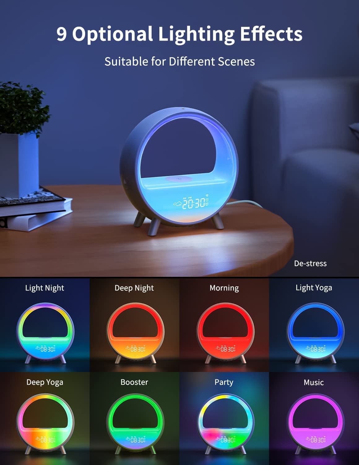LED Nachttischlampe mit Wecker, WiFi Smart Tischlampe Klangmaschine, Lausprecherkompatibel Alexa/ Google Assistant, 12/24 Kalender, App-Steuerung, Geschenk für Weihnachten, Party, Weiß-1