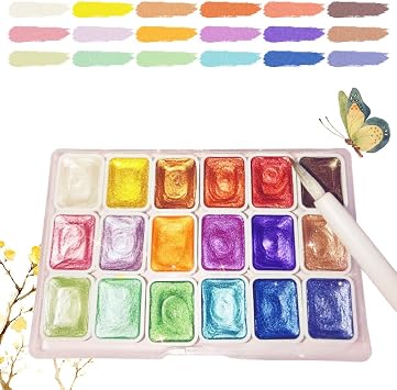 20 Colors Watercolor Painting Set, Drawing Supplies Shimmer Metallic Watercolor Paints Set, Colourful Painting Kit Model Metallic Pearlescent Watercolor Paint for Art Painting 18 Colors