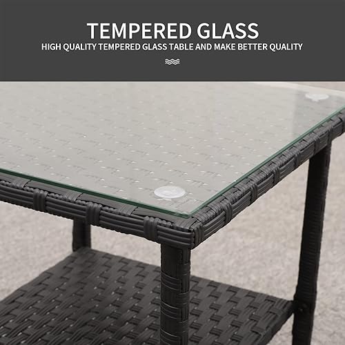 Miniatura 4 de Mesa auxiliar de mimbre de PE para exteriores, mesa cuadrada para patio, jardín de ratán, mesa cuadrada con muebles superiores de vidrio, color negro