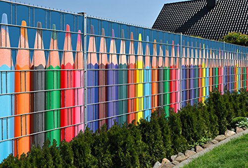 Preisvergleich Produktbild Zaunsichtschutz (über 10 weitere Motive) für Doppelstabmattenzaun *Buntstiftreihe* Motivdruck, 9 Stück 19cm Streifen, Rückseite neutral grau *neue Designs* von PerfectHD