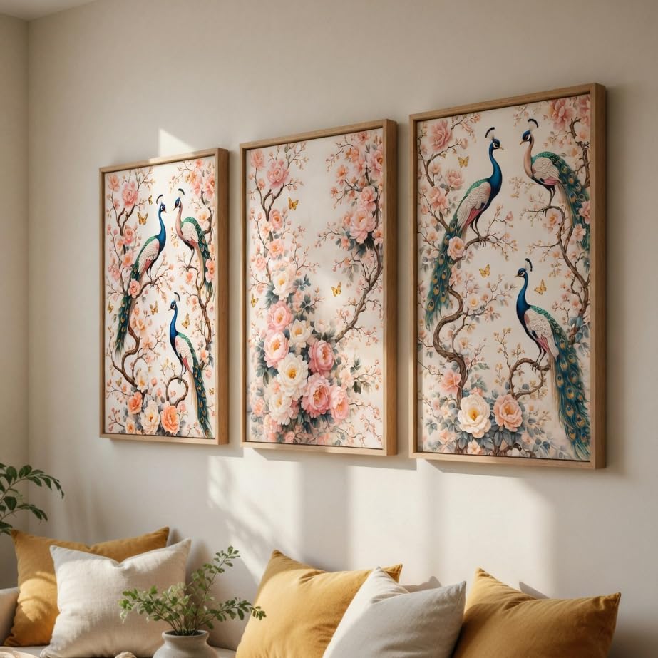 Image of Livin'luxe Peacock Floral Wall Painting Set of 3 with Wooden color Frames | Elegant Bird & Blossom Artwork HD Sparkle Laminated Wall Decor | Botanical Peacock Wall Art for Living Room Bedroom Hallway