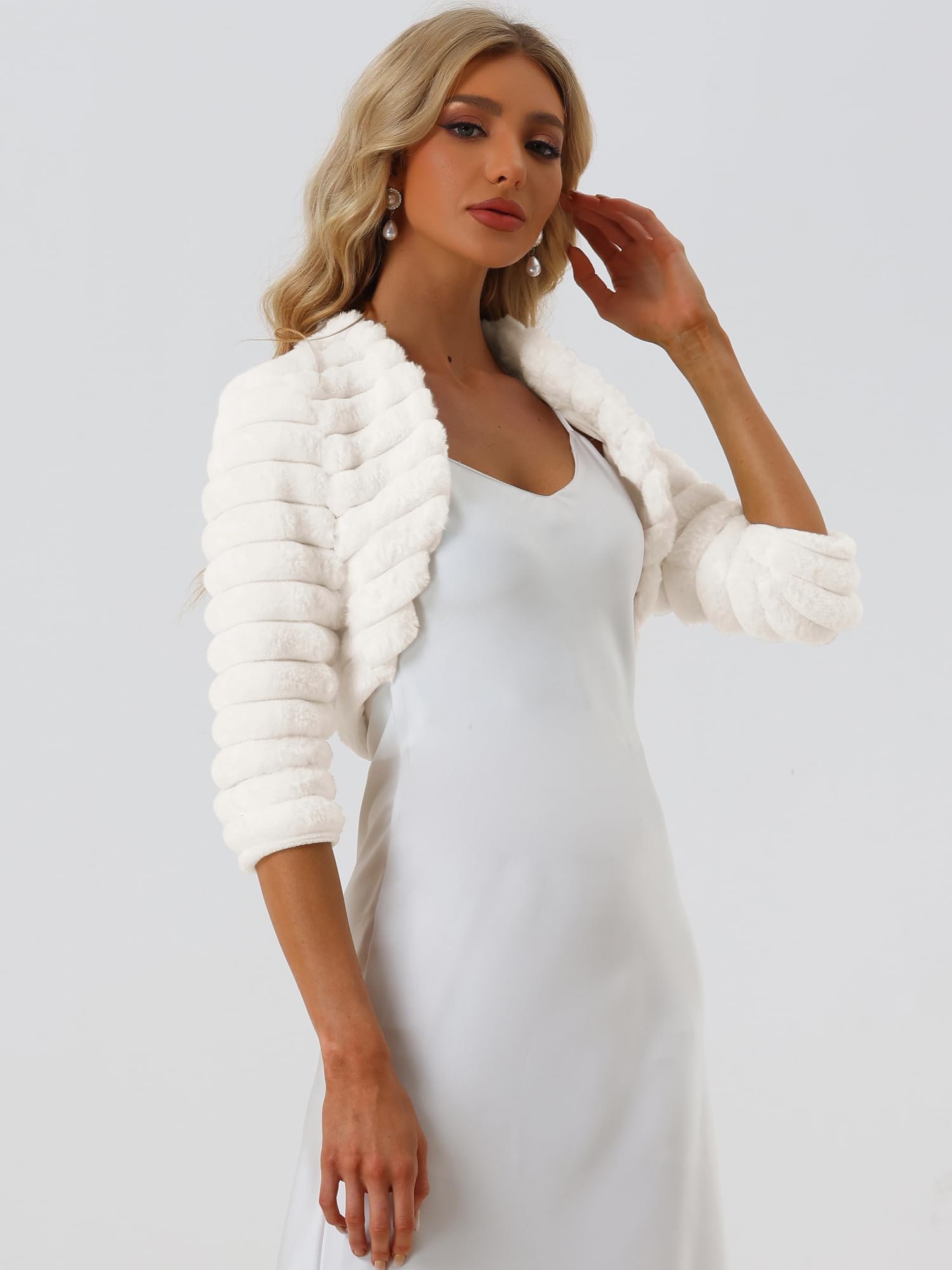 Allegra K Chaqueta Corta para Mujer para Vestidos Bolero Faux Fur Shrug Chaqueta Cárdigan | Chaqueta mullida para vestidos de noche, manga 3/4, abrigo mullido, traje formal de noche, otoño e invierno
