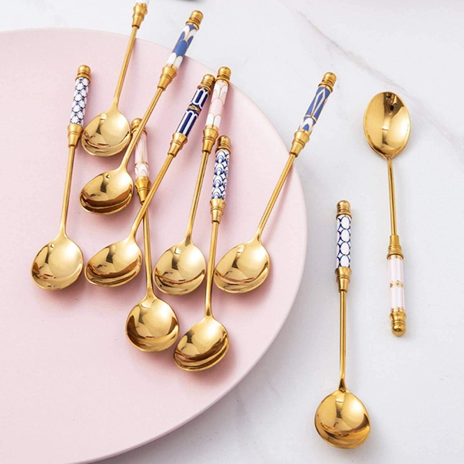 Kleine Löffel, Edelstahl-Kaffee-Milchlöffel mit keramisch langem Griff Löffelküche Dessert Löffel vergoldet Dessert Löffel Mokkalöffel(Big Spoon G)