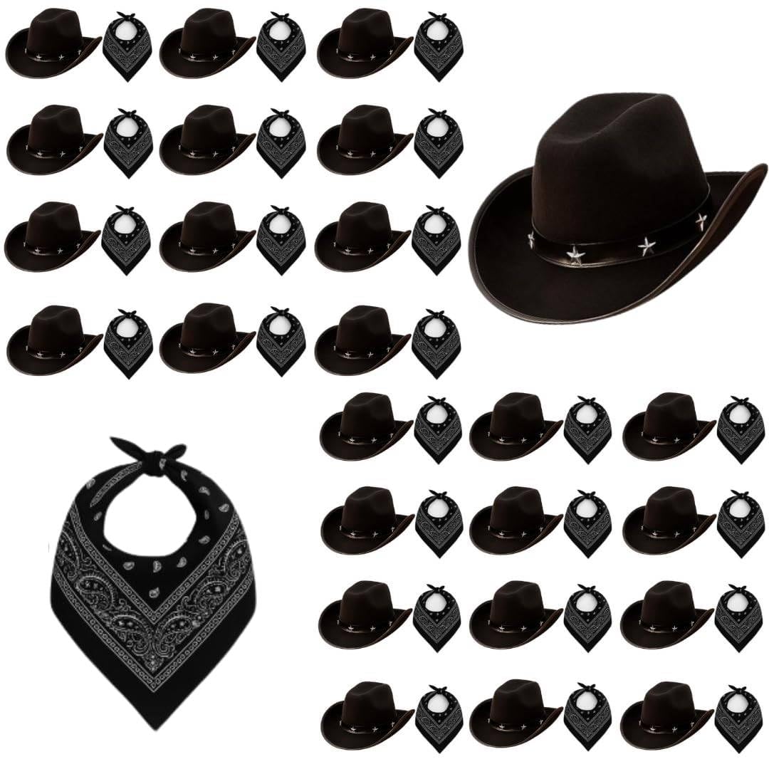 Adults Cowboy Accessory Set - Pack of 24 - Black Star-Studded Cowboy Hat and Black Paisley Bandana - Mens Womens Wild West Western Bandit Fancy Dress Costume Accessory Set โ image 1