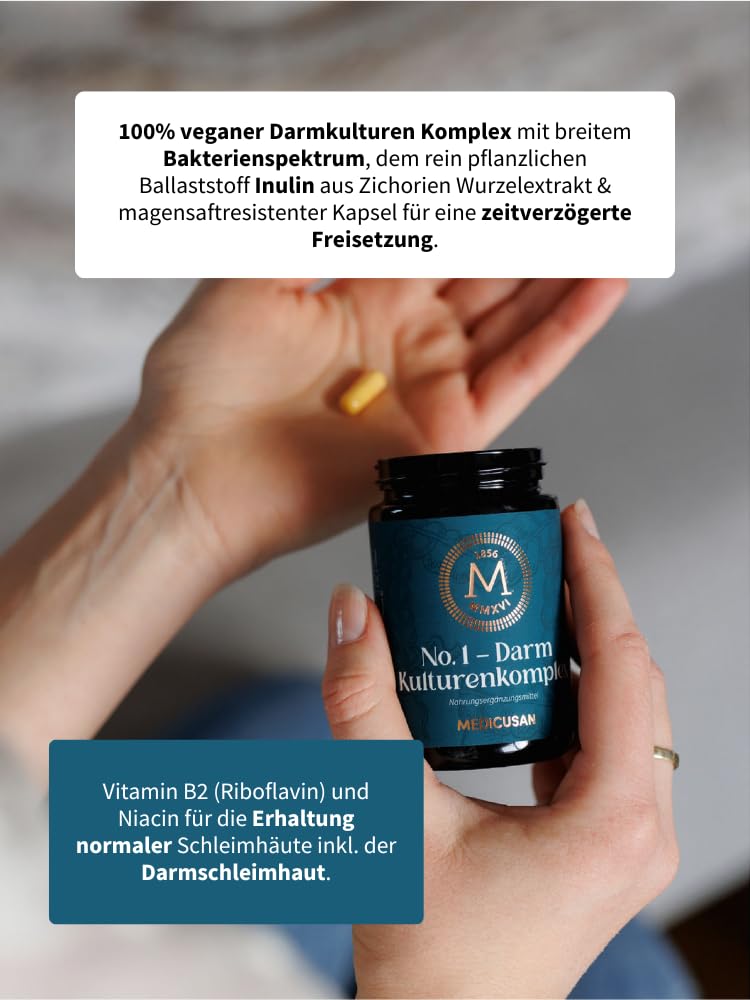 No.1 Darm Kulturenkomplex – 12 Bakterienstämme u.a. Lactobacillus Rhamnosus – 12 Mrd. KBE – 50 mg Inulin – 100% NRV Riboflavin – 20% NRV Niacin – 1 Kapsel/Tag – 90 Kapseln/90 Tage
