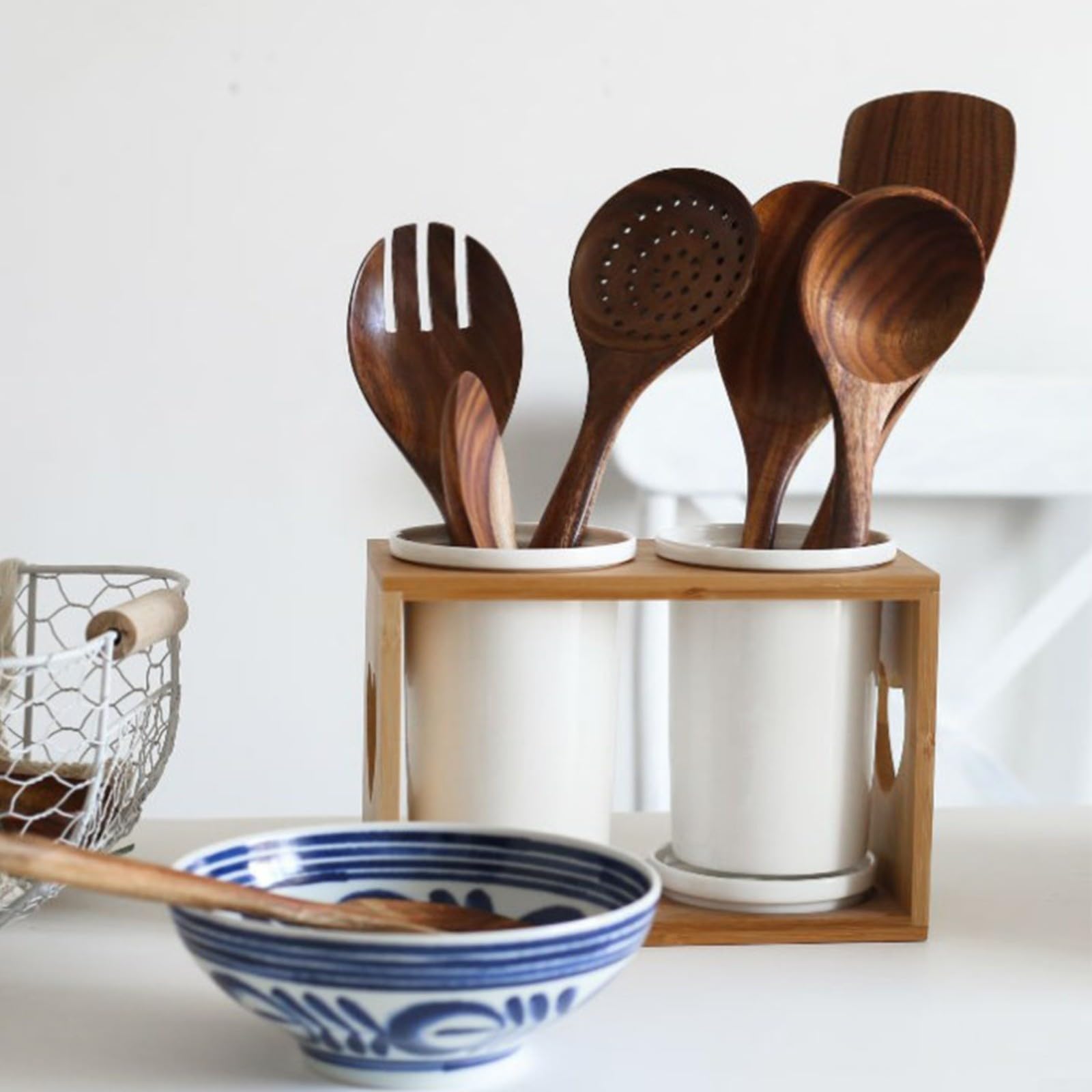 Juego de 6 cucharas de madera para cocinar, juego de utensilios de cocina de madera natural para sopa, arroz y utensilios de cocina de madera