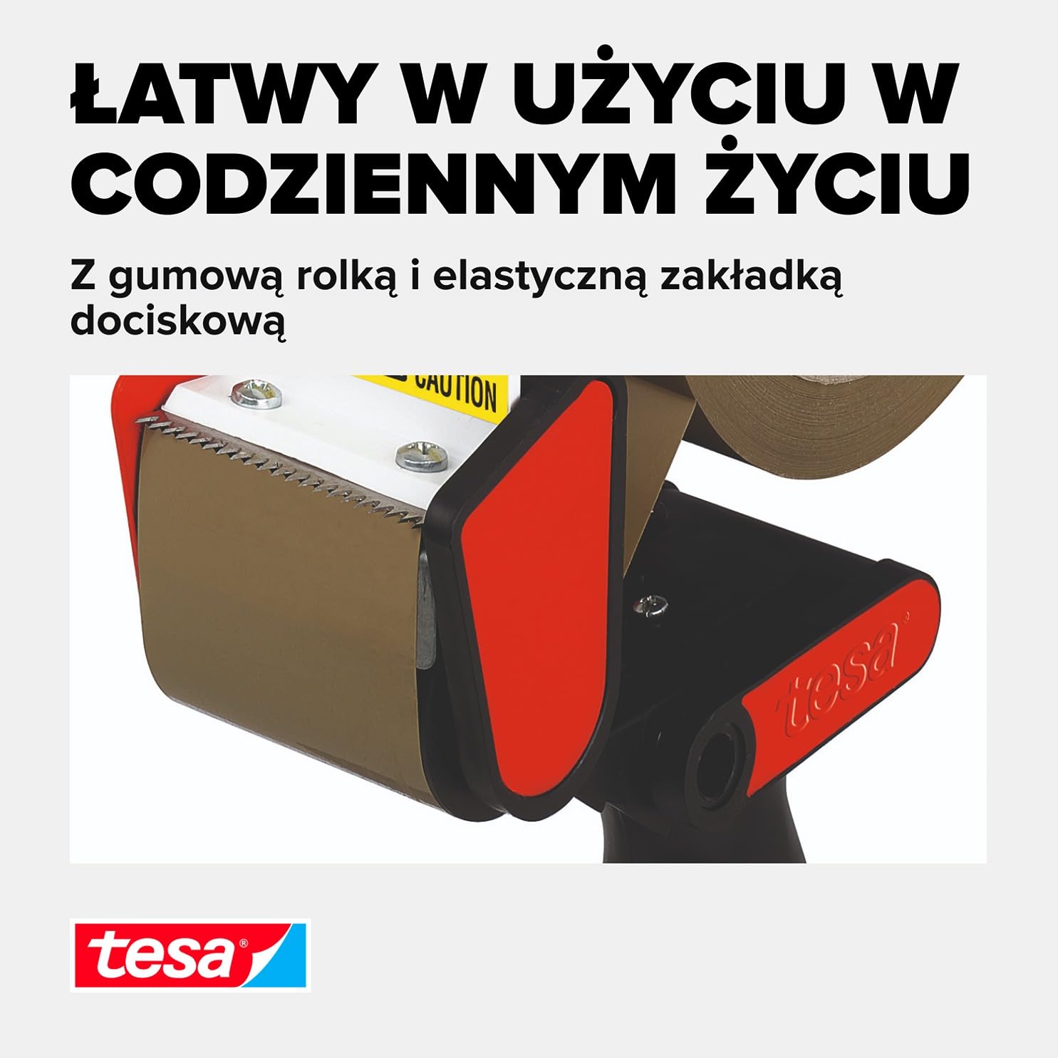 tesa klasyczny dozownik ręczny, uniwersalny dozownik taśmowy do odwijania taśm samoprzylepnych, solidny metalowy uchwyt, do taśm o szerokości do 50 mm, czerwony i czarny