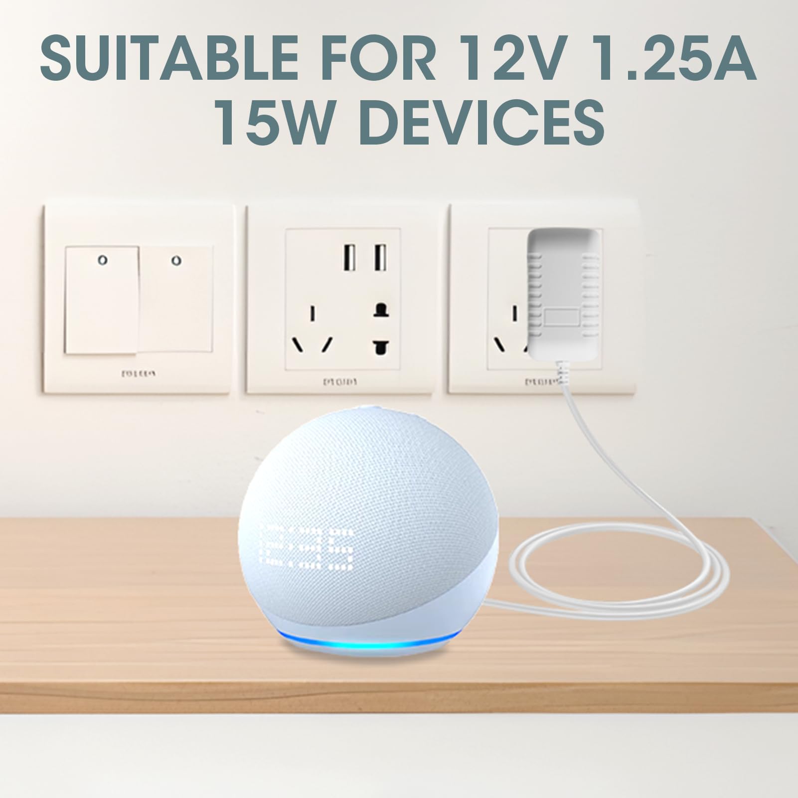 12V 1.25A 15W Power Supply Charger, Compatible with Echo Dot (5rd/4th/3th Gen) 4.0 * 1.7mm Power Cable, Echo Dot with Clock (5rd/4th/3th Gen) Adapter Charger (White) — view 4