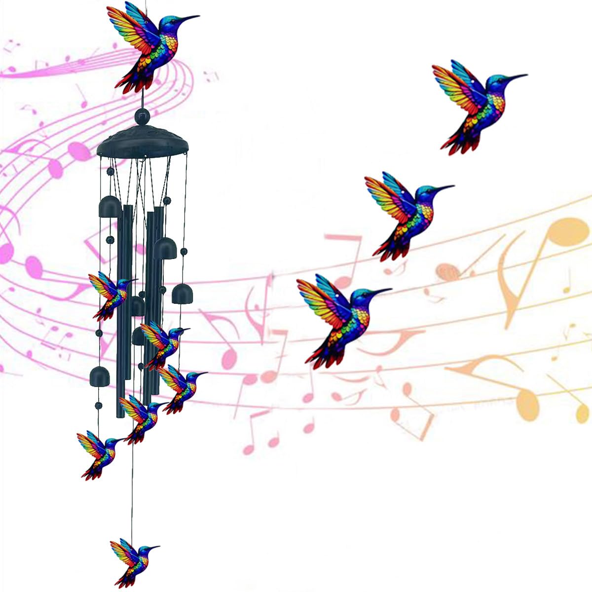 Vintage Colorful Hummingbird Wind Chime with Metal Tubes and Bells (Hummingbird)