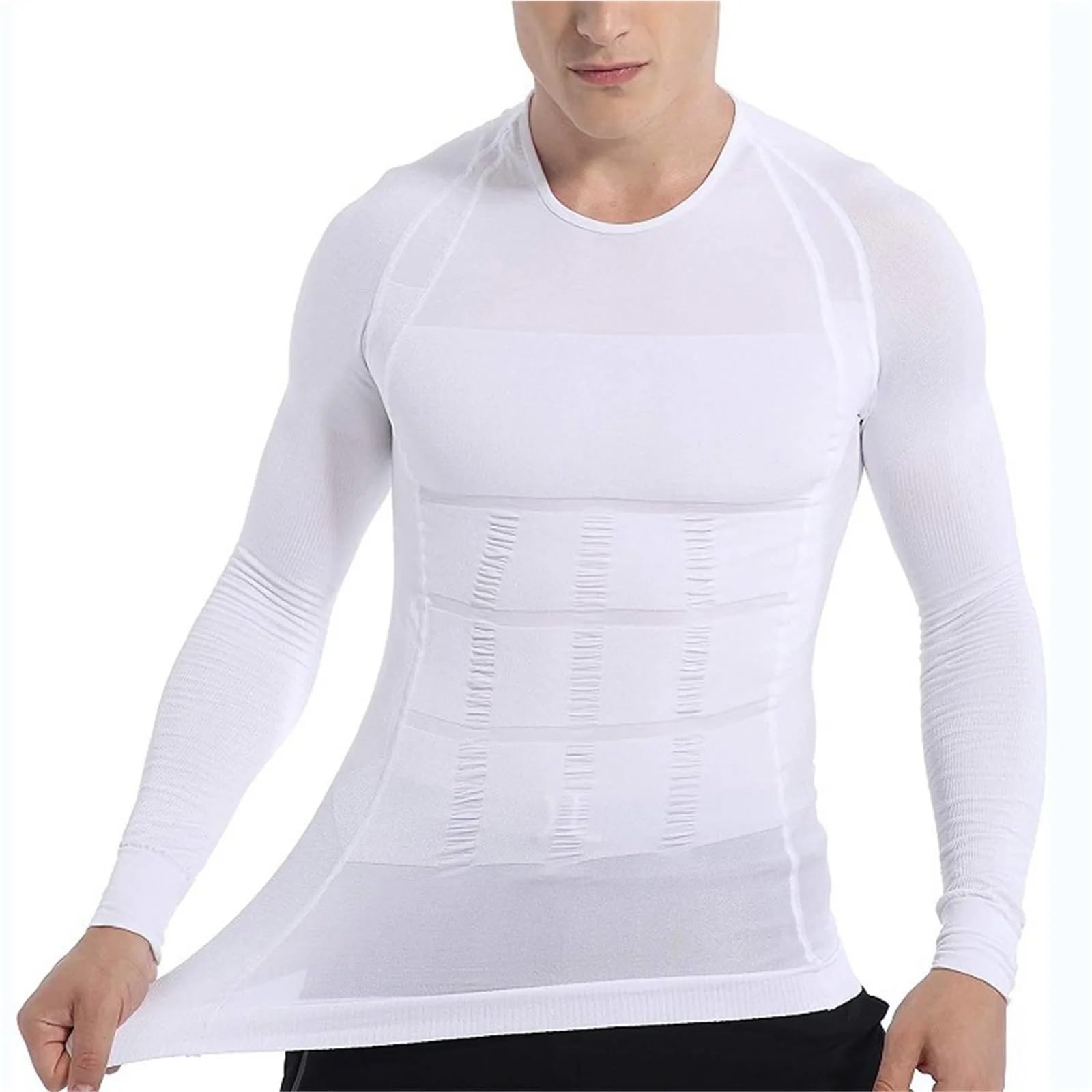 Body Shaper Weste für Männer Shapewear for Herren, langärmeliges T-Shirt, eng tailliert, Bierbauch-Muskelstraffung, leichtes, einfarbiges Sweatshirt, Schlankheitsoberteil Für Fitness geeignet(White,L)