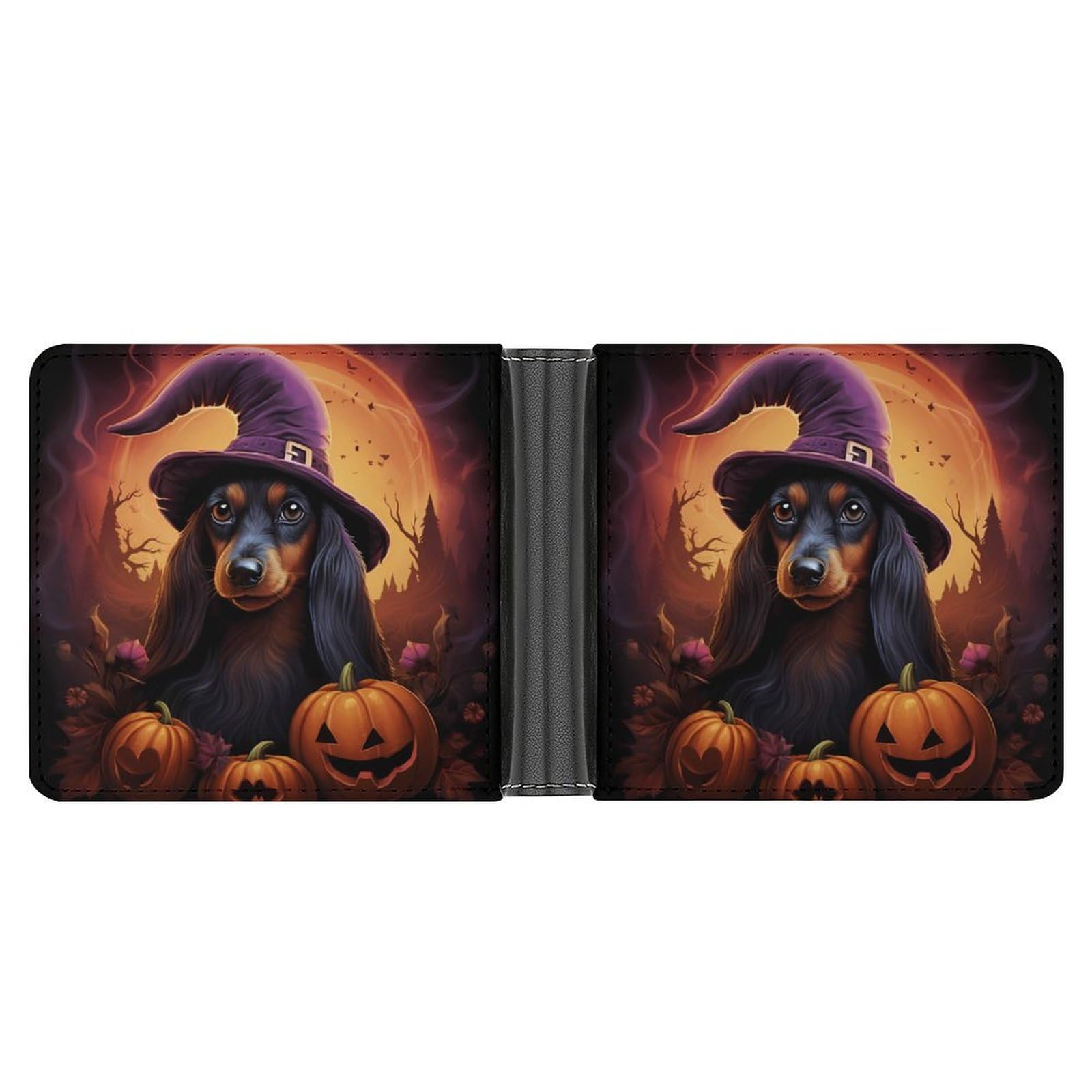 Cute Witch Funny Dachshunds Halloween Bifold Wallet PU Leather Coin Purse Lightweight Credit Card Holder Wallet Money Clip