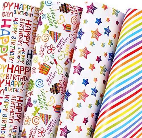 PlandRichW Birthday Wrapping Paper 12 Sheets Folded Flat for Kids, Boys, Girls, Adults. Gift Wrapping Paper Includes Happy Birthday, Star, Rainbow, Cake 4 Colorful Designs for Baby Shower, Holiday, Party 20 X 29 Inch