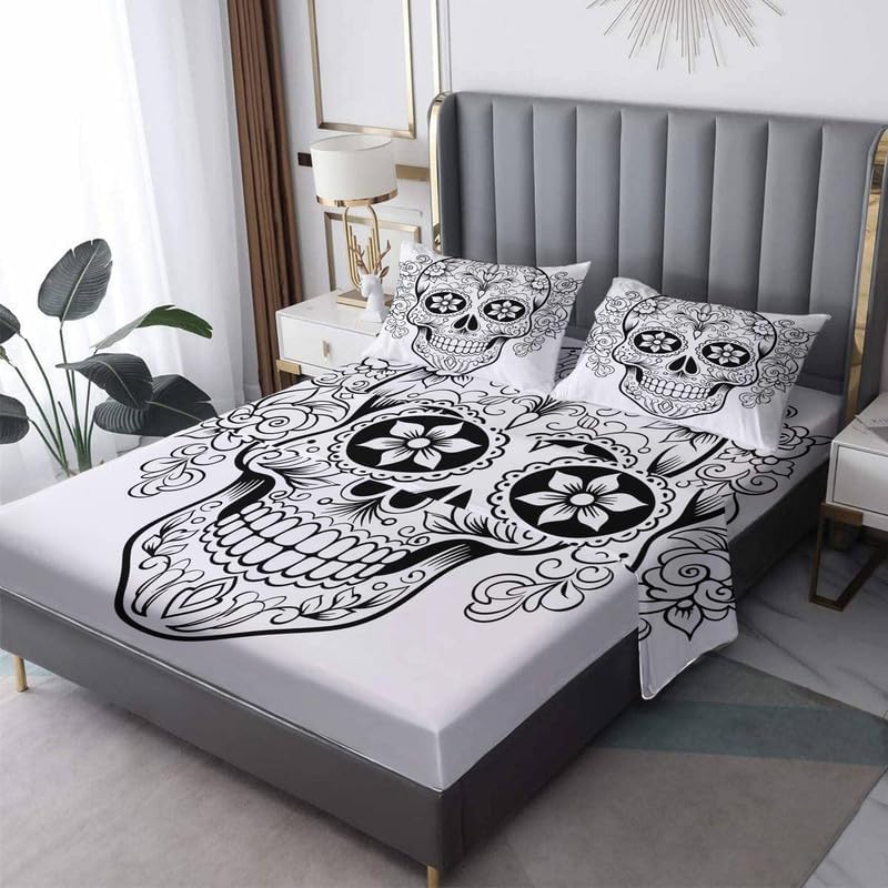Juego de sábanas tamaño Queen con diseño de calavera de azúcar, sábanas de microfibra suave, bolsillo profundo, sábanas y fundas de almohada sin