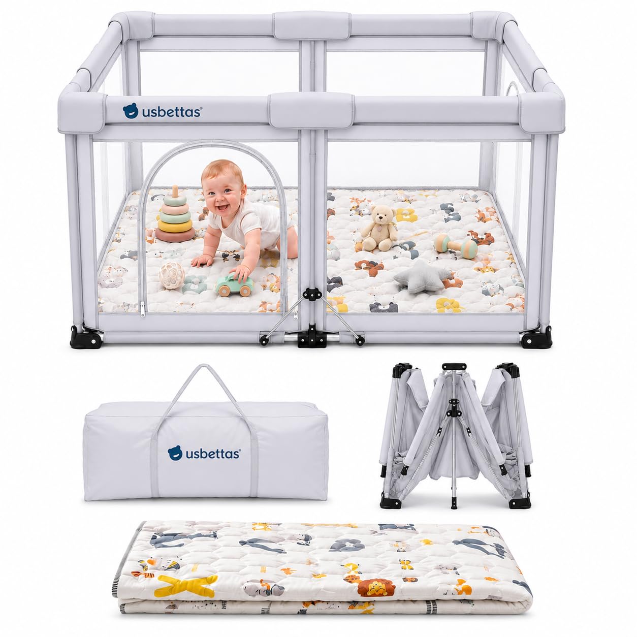 Foldable Baby Playpen with Mat, 1-Minute Setup, Lightweight Portable Playpen with Carry Bag, 50"x50" Indoor Outdoor Safty Play Yard for Babies & Toddlers, Light Gray