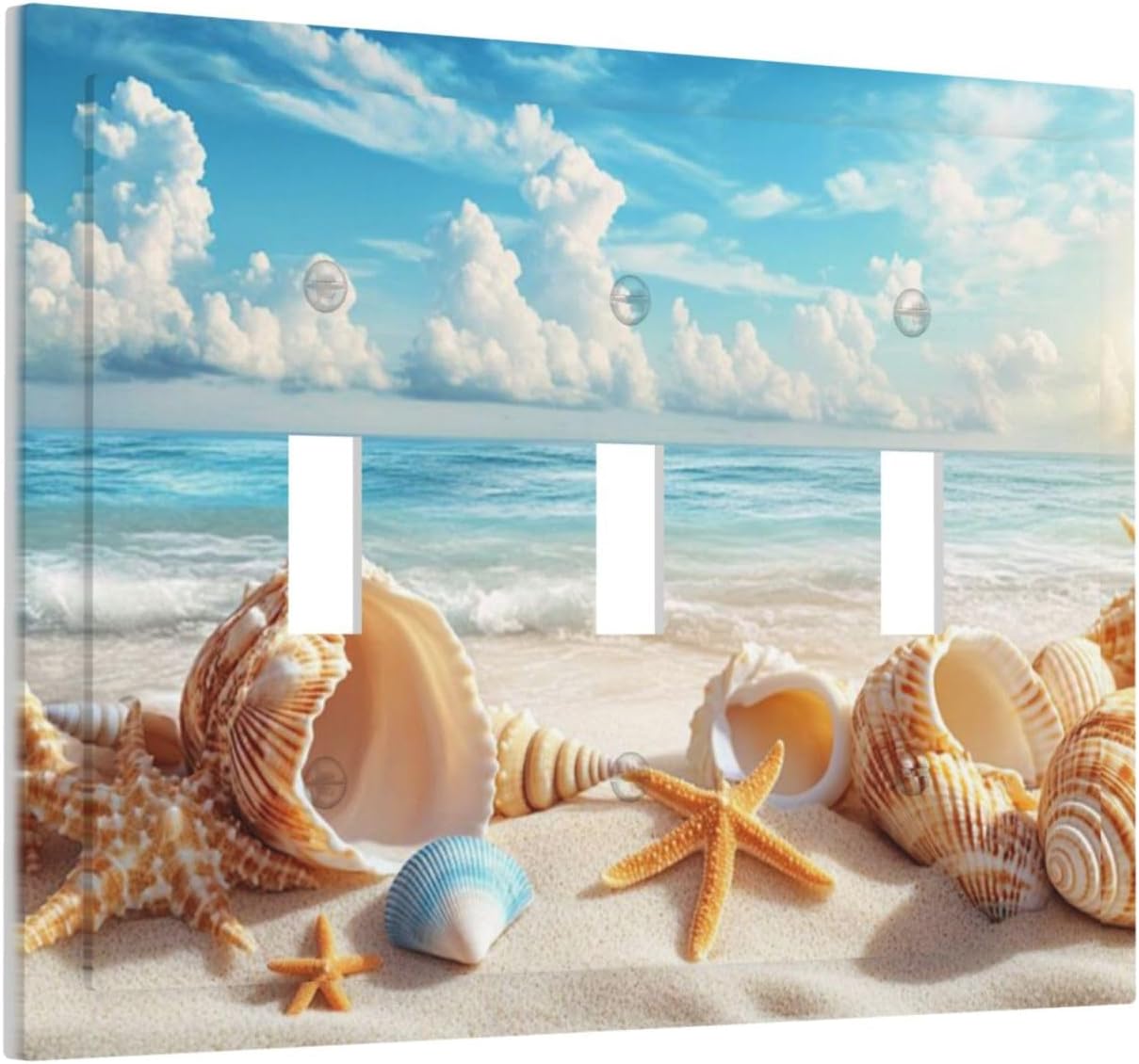 Beach Coastal Seashore Sea Starfish Shell Sand Decorative Switch Plates 3 Gang Wall Plate Triple Toggle Light Switch Cover Faceplate Electrical Wall Panels for Bathroom Home Decor