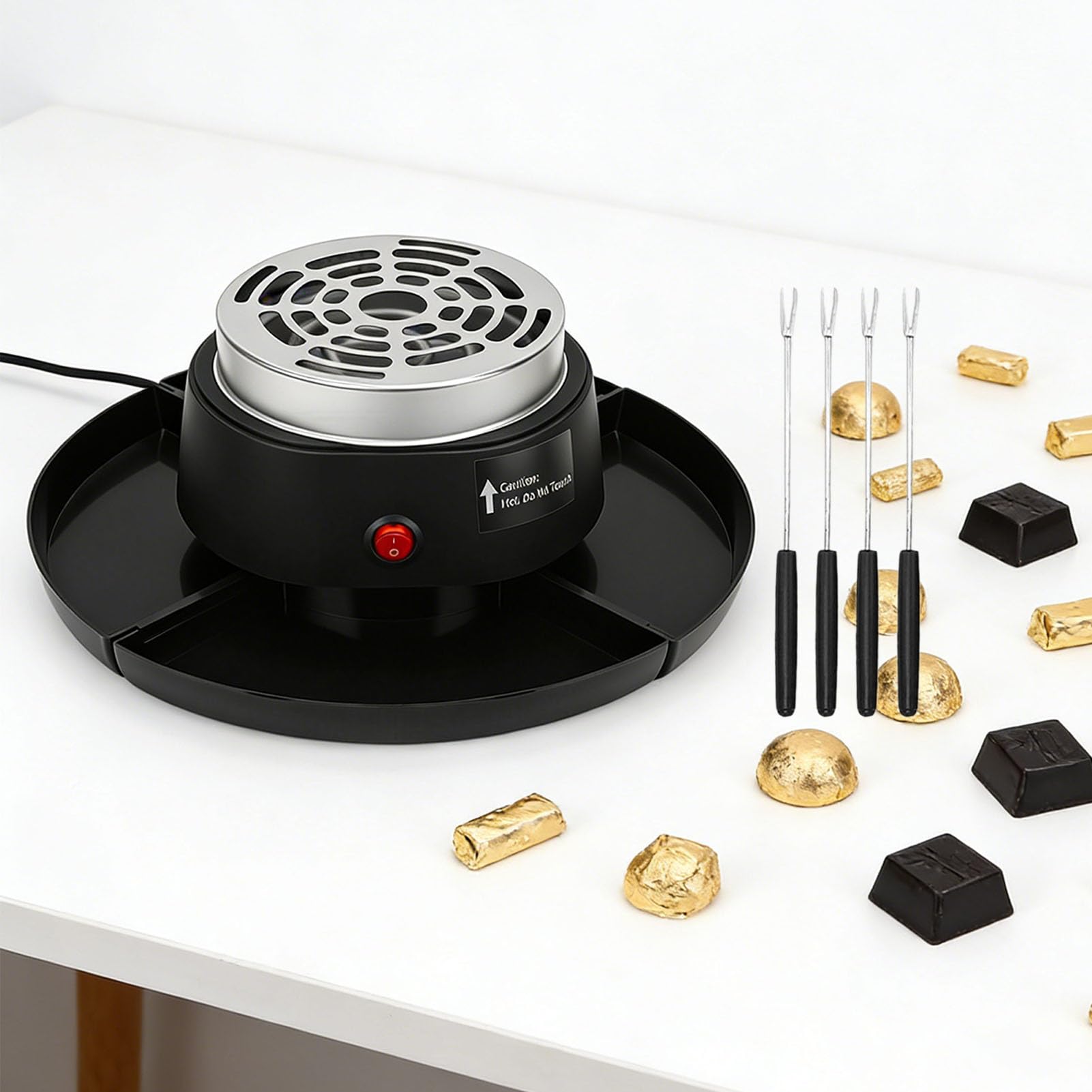 Máquina Eléctrica para Hacer S'mores Fondue 2 en 1, Asador de Malvaviscos de Mesa para Interiores con 4 Tenedores para Asar Bandejas Desmontables para Reuniones (BLACK)