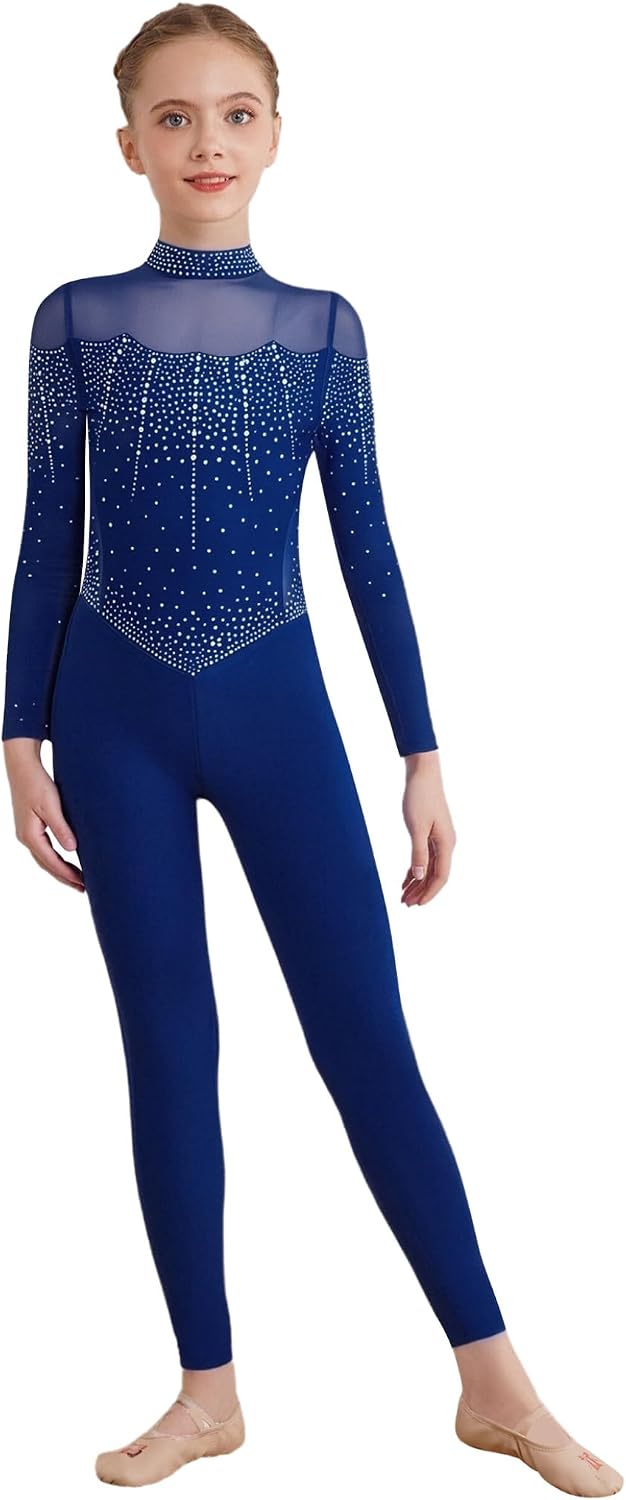 Shinsto Kids Girls Gymnastics Leotard Long Sleeve Shiny Rhinestone Figure Skating Jumpsuit Bodysuit