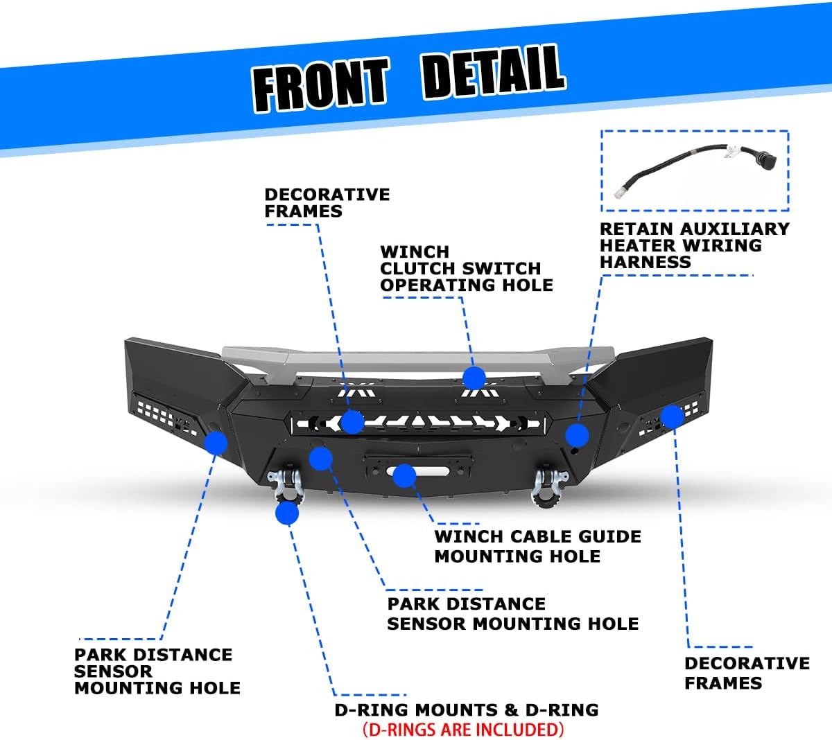 CPW Front Bumper For 2019 2020 2021 Chevy Silverado 1500 (Exclude 2019 LD Model), Modular Heavy Duty Steel Front Bumper & Side Wings w/ 2xD-Ring Shackles/Auxiliary Heater Wiring Holes
