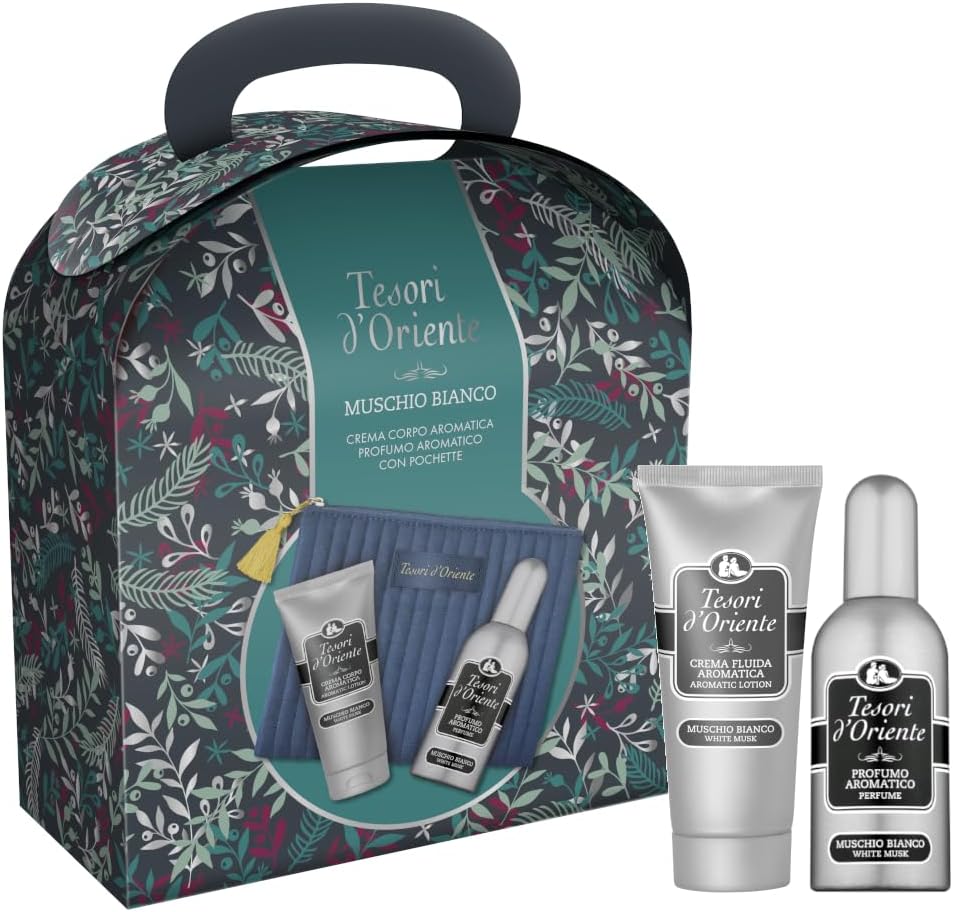 Tesori d'Oriente, Muschio Bianco Set Regalo da Viaggio, Include Profumo Aromatico 100 ml, Crema Corpo Idratante 75 ml, e Pochette Elegante, Fragranze con Note Ambrate e Armoniose che Durano a Lungo