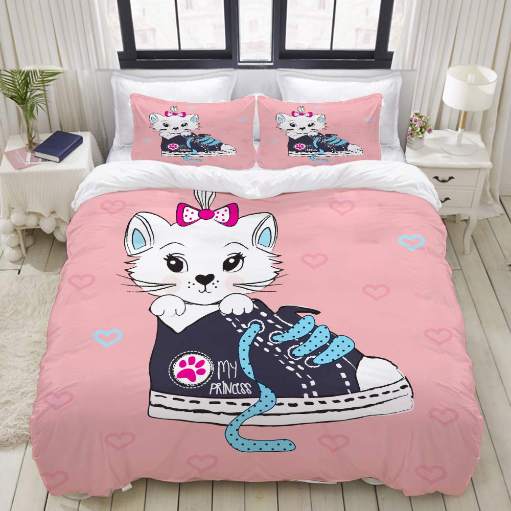 Amazon 布団カバー シングル3点セット 枕カバー 掛け布団カバー ボックスシーツ 寝具カバー かわいい白猫スニーカーベクトルイラスト ベッド用品 ボクスシーツ シルクみたい艶と肌触り感 四節適用 夏は涼しく冬は保温 掛カバー150 210cm 寝具カバーセット