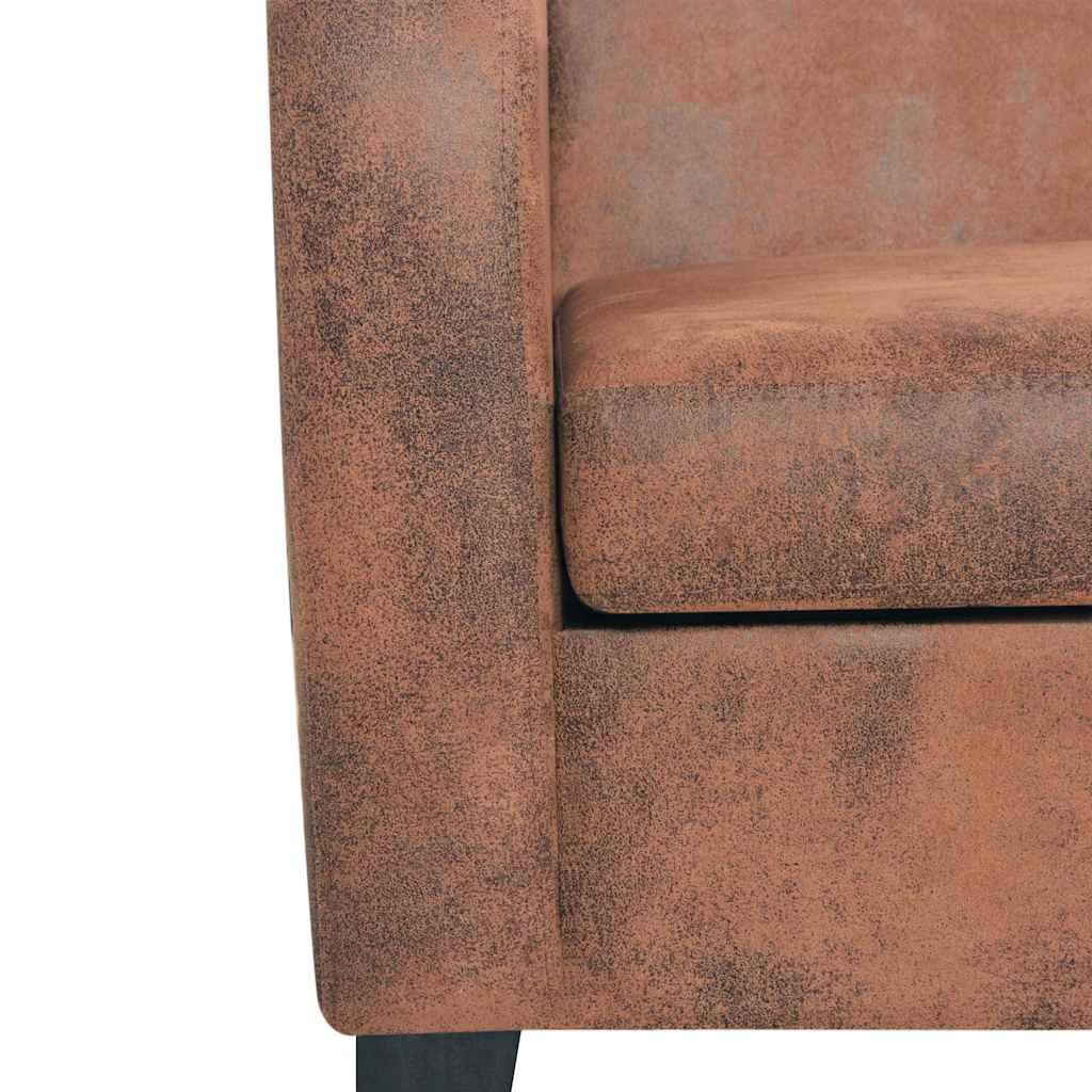 3-osobowa sofa z brązowej skóry zamszowej z ramą z litego drewna i zdejmowaną poduszką, klasyczny elegancki design do salonu, wypełnienie z grubej pianki
